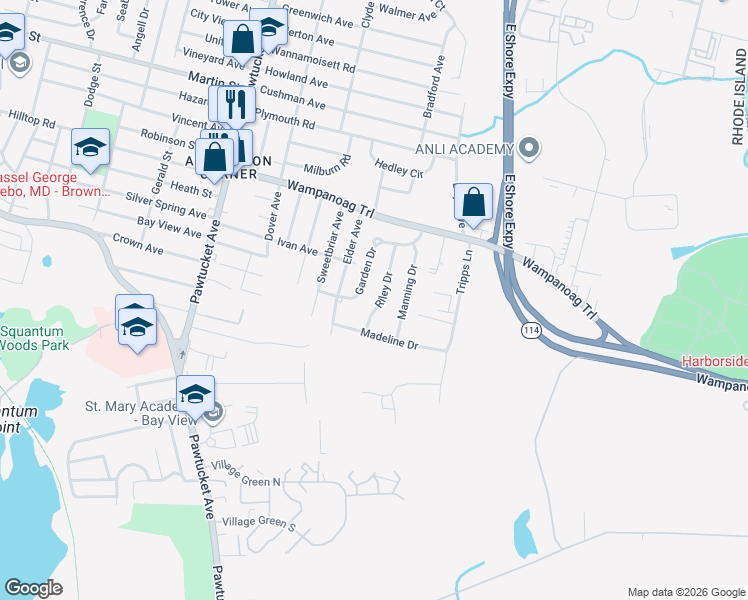map of restaurants, bars, coffee shops, grocery stores, and more near 26 Riley Drive in East Providence
