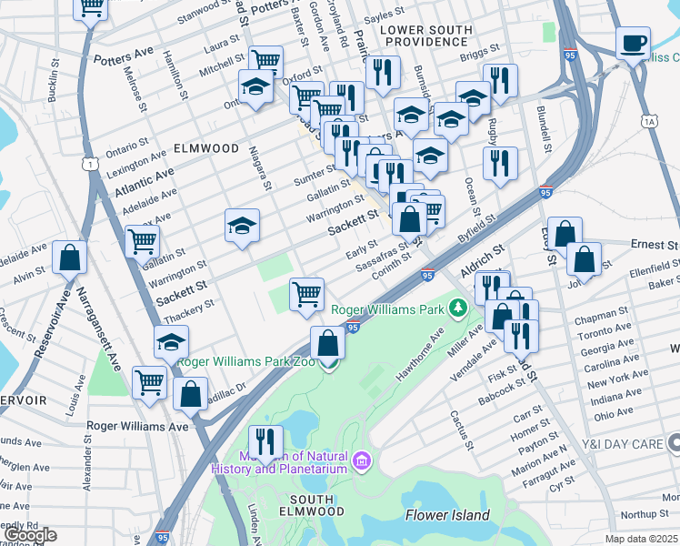 map of restaurants, bars, coffee shops, grocery stores, and more near 213 Early Street in Providence
