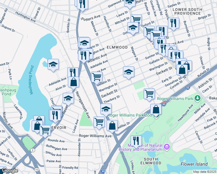 map of restaurants, bars, coffee shops, grocery stores, and more near 241 Gallatin Street in Providence
