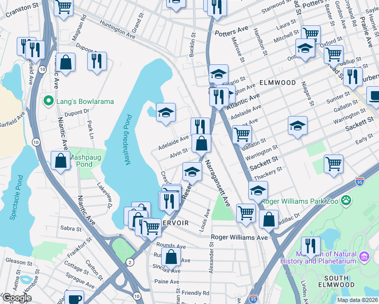 map of restaurants, bars, coffee shops, grocery stores, and more near 350 Adelaide Avenue in Providence