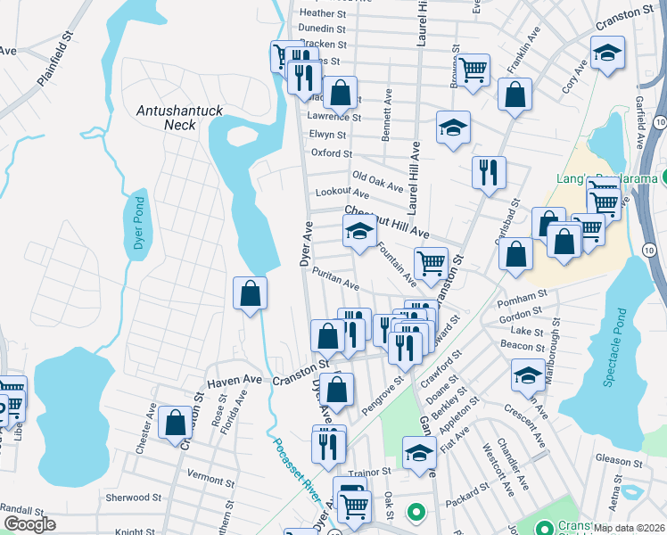 map of restaurants, bars, coffee shops, grocery stores, and more near 654 Meadow Avenue in Cranston