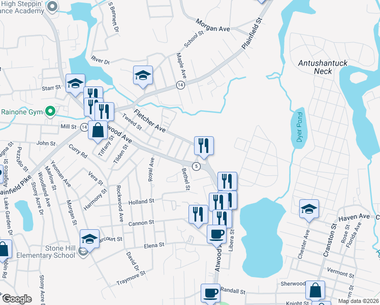 map of restaurants, bars, coffee shops, grocery stores, and more near 120 Fletcher Avenue in Cranston