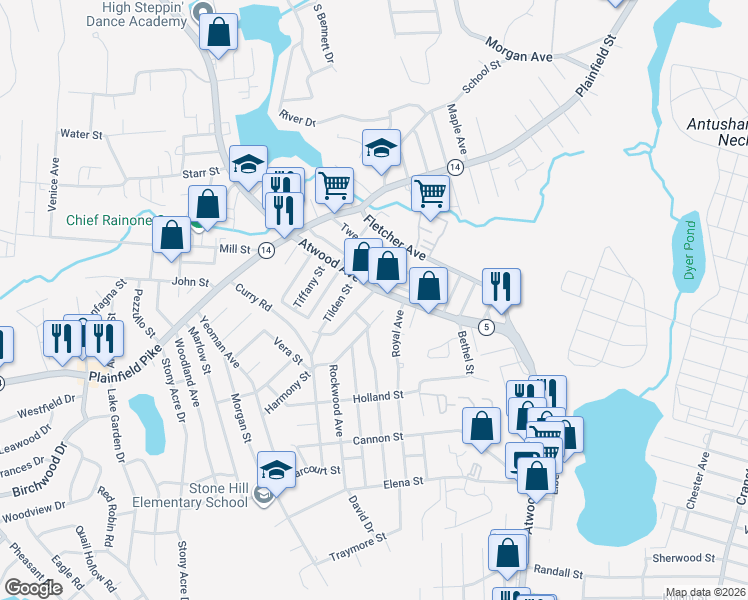 map of restaurants, bars, coffee shops, grocery stores, and more near 73 Clemence Street in Cranston