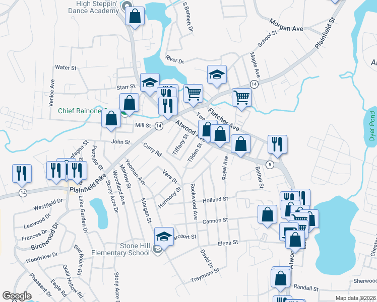 map of restaurants, bars, coffee shops, grocery stores, and more near 12 Tacoma Street in Cranston