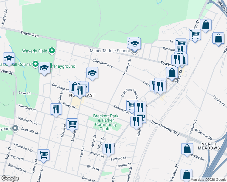 map of restaurants, bars, coffee shops, grocery stores, and more near 107 Hampton Street in Hartford