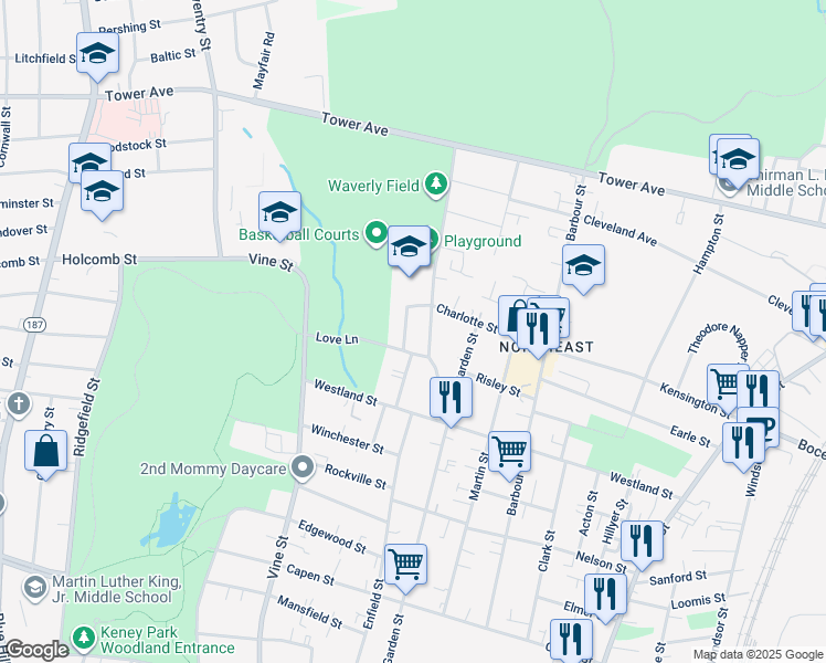 map of restaurants, bars, coffee shops, grocery stores, and more near 34 Harper Street in Hartford