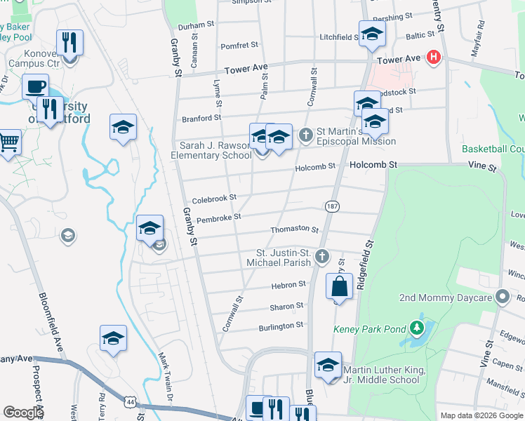 map of restaurants, bars, coffee shops, grocery stores, and more near 175 Colebrook Street in Hartford