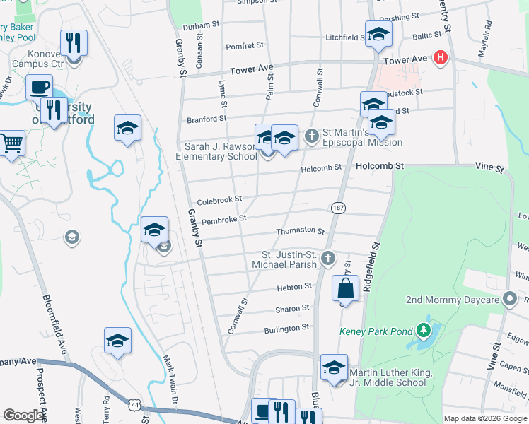 map of restaurants, bars, coffee shops, grocery stores, and more near 175 Colebrook Street in Hartford