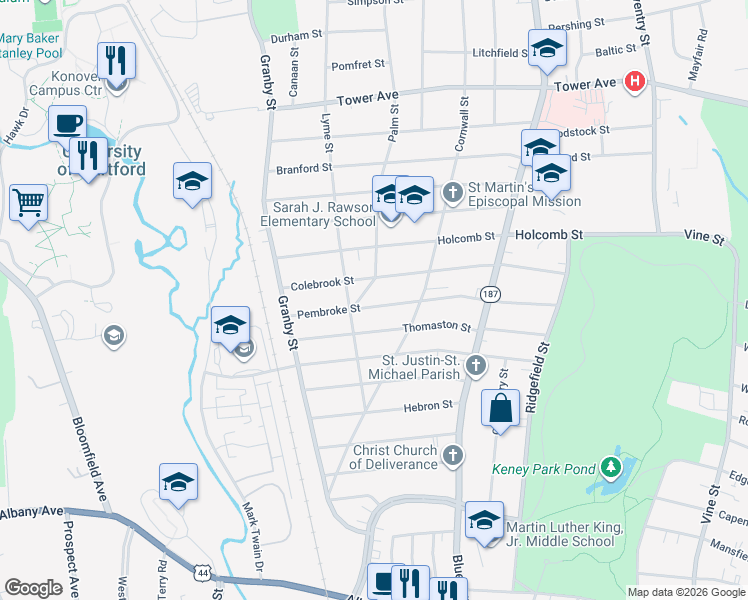 map of restaurants, bars, coffee shops, grocery stores, and more near 175 Colebrook Street in Hartford