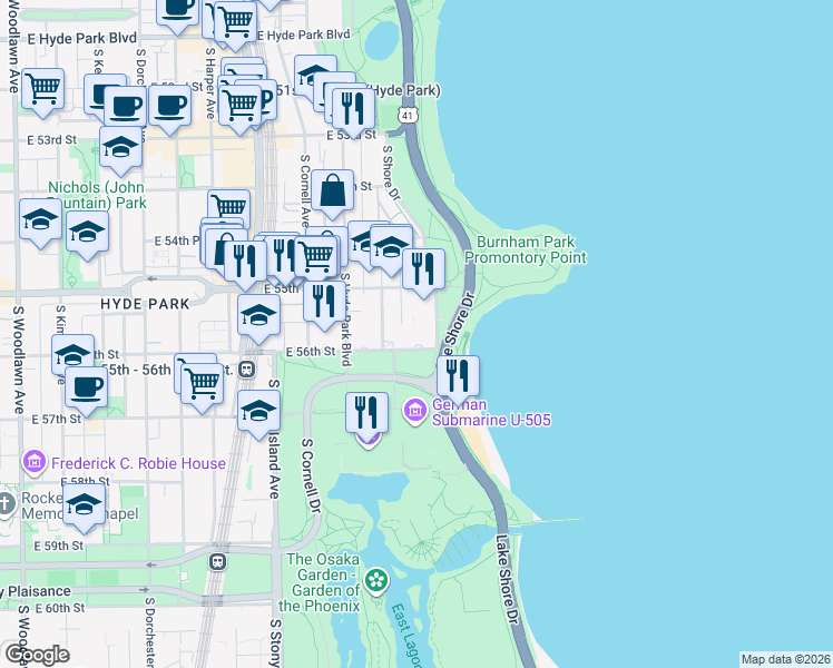 map of restaurants, bars, coffee shops, grocery stores, and more near 5530 South Shore Drive in Chicago