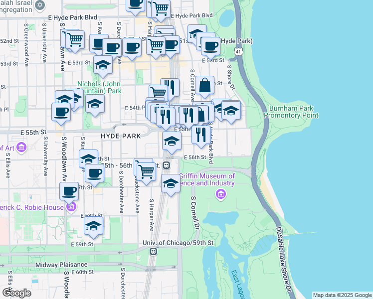 map of restaurants, bars, coffee shops, grocery stores, and more near 5514 South Cornell Avenue in Chicago