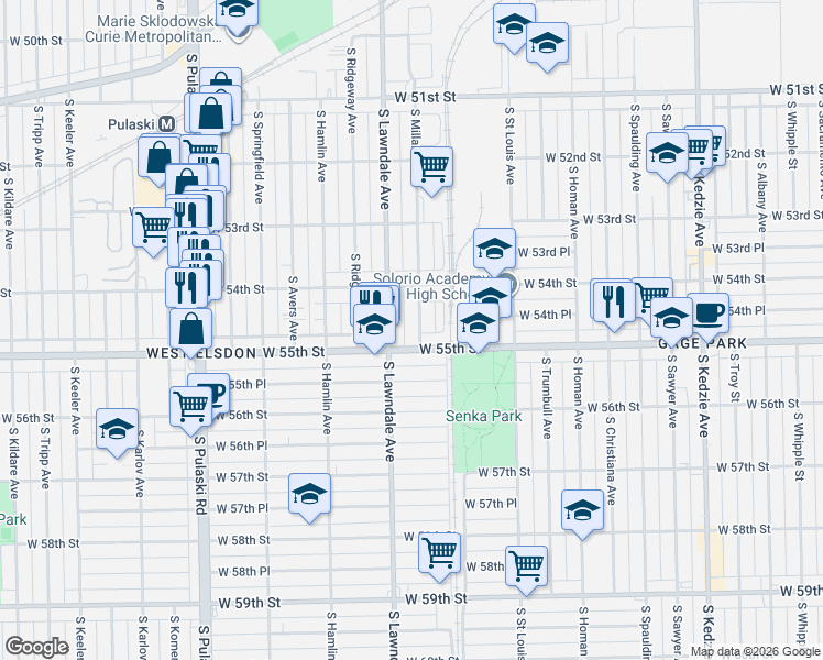 map of restaurants, bars, coffee shops, grocery stores, and more near 5423 South Lawndale Avenue in Chicago