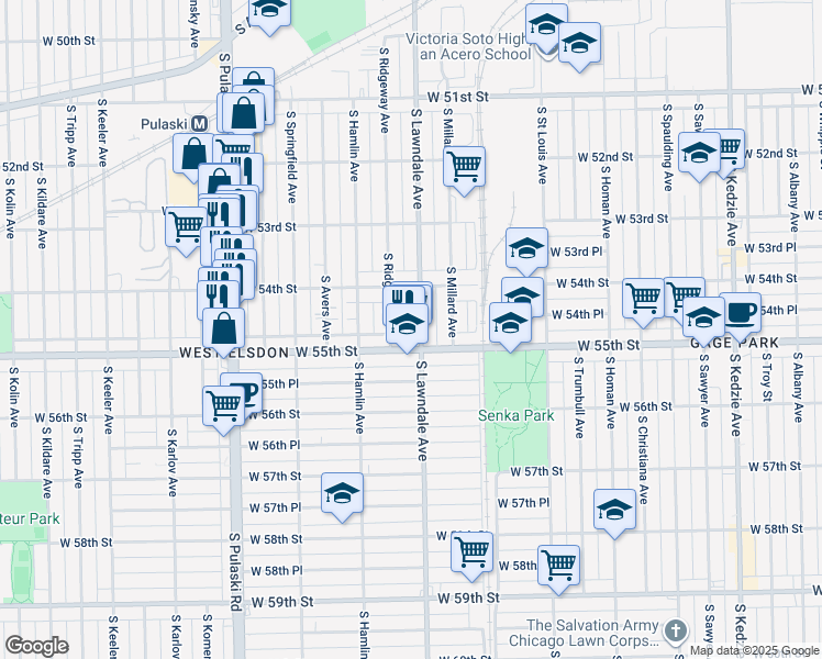 map of restaurants, bars, coffee shops, grocery stores, and more near 5423 South Lawndale Avenue in Chicago