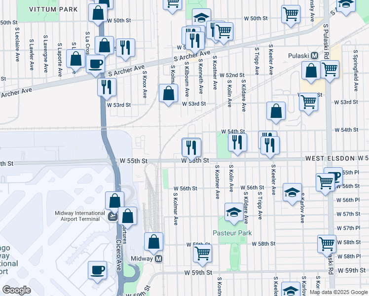 map of restaurants, bars, coffee shops, grocery stores, and more near 5400 South Kilbourn Avenue in Chicago