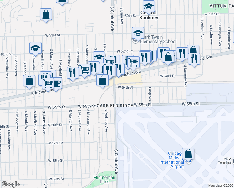 map of restaurants, bars, coffee shops, grocery stores, and more near 5401 South Central Avenue in Chicago