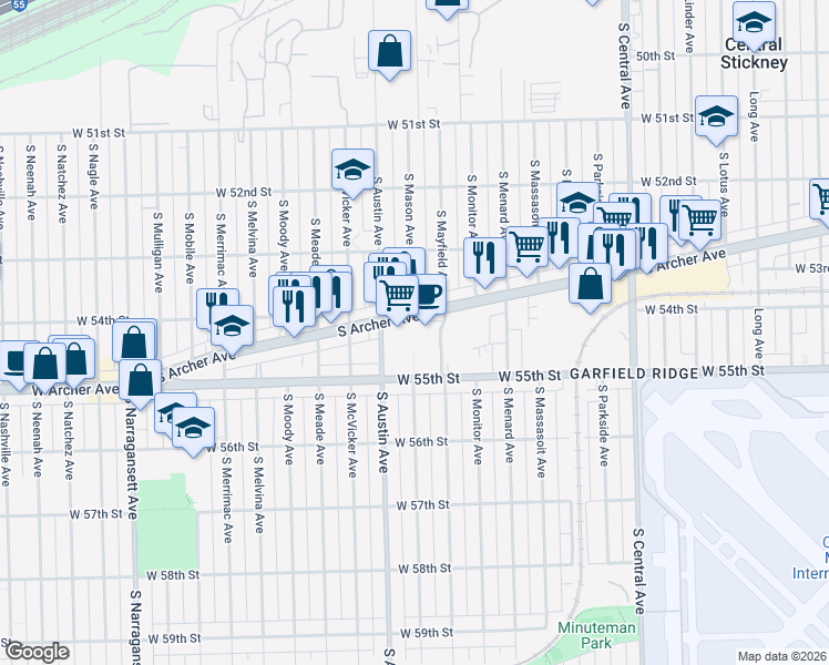 map of restaurants, bars, coffee shops, grocery stores, and more near 6118 South Archer Avenue in Chicago