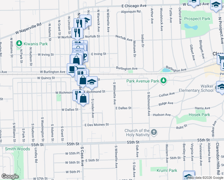 map of restaurants, bars, coffee shops, grocery stores, and more near 22 South Wilmette Avenue in Westmont