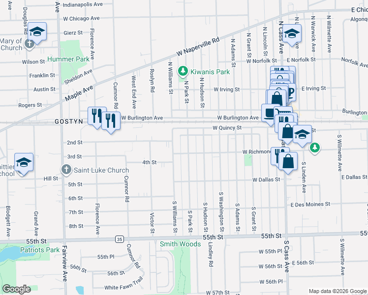 map of restaurants, bars, coffee shops, grocery stores, and more near 20 South Park Street in Westmont