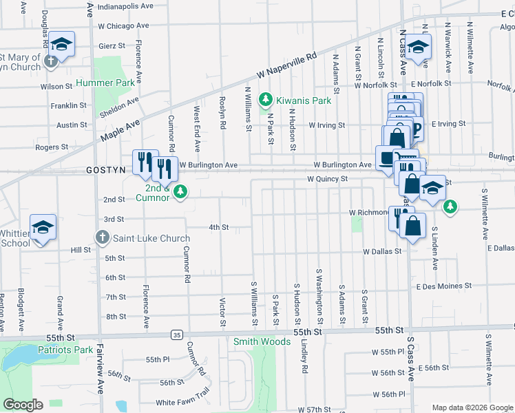 map of restaurants, bars, coffee shops, grocery stores, and more near 20 South Park Street in Westmont