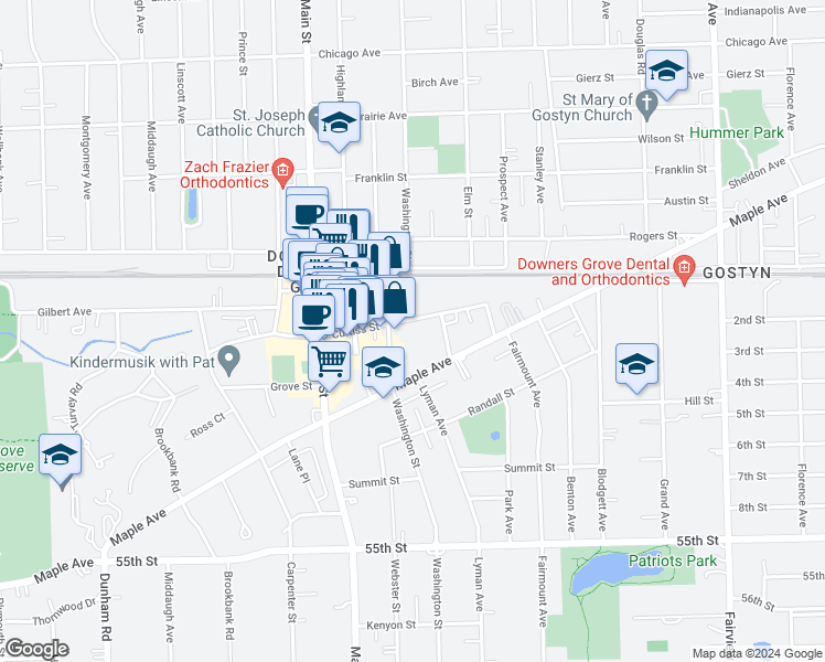 map of restaurants, bars, coffee shops, grocery stores, and more near 842 Curtiss Street in Downers Grove