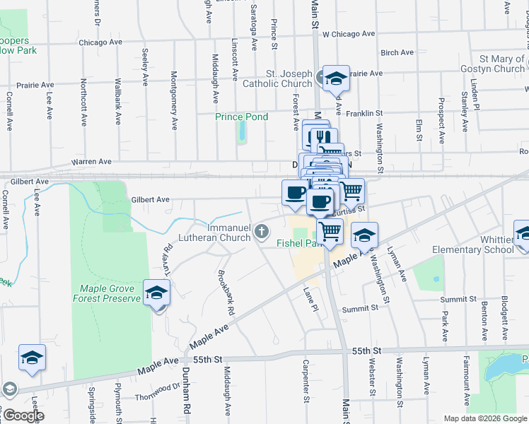 map of restaurants, bars, coffee shops, grocery stores, and more near 1139 Gilbert Avenue in Downers Grove