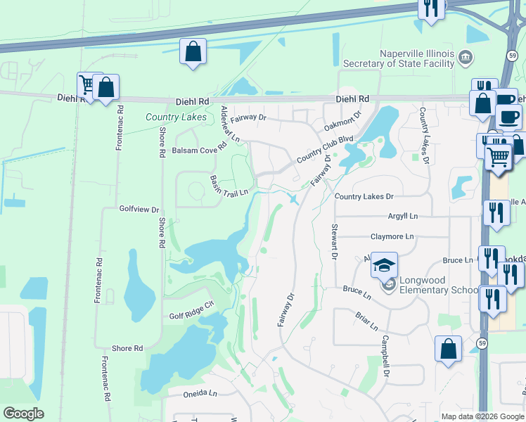 map of restaurants, bars, coffee shops, grocery stores, and more near 1563 Bayou Path Drive in Naperville