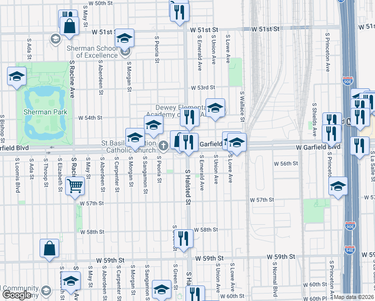 map of restaurants, bars, coffee shops, grocery stores, and more near 5500 South Halsted Street in Chicago