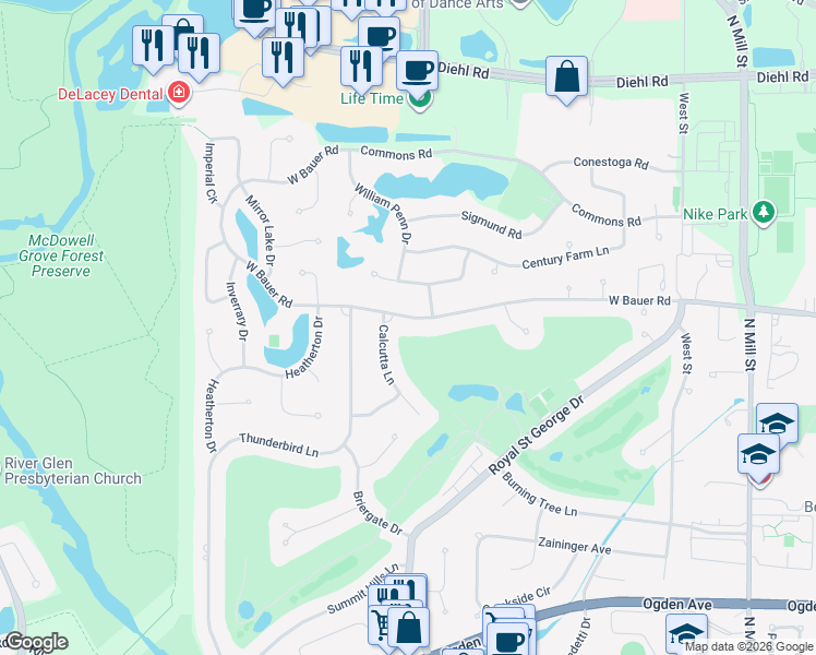map of restaurants, bars, coffee shops, grocery stores, and more near 977 West Bauer Road in Naperville