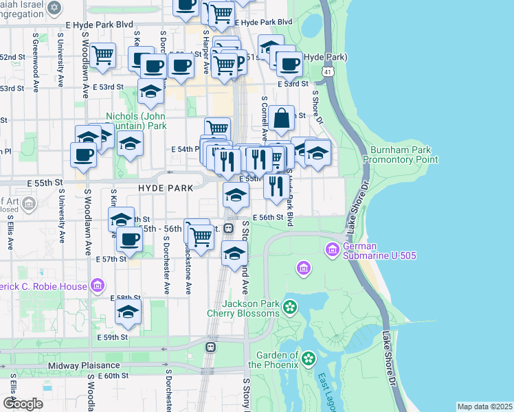 map of restaurants, bars, coffee shops, grocery stores, and more near 5514 South Cornell Avenue in Chicago