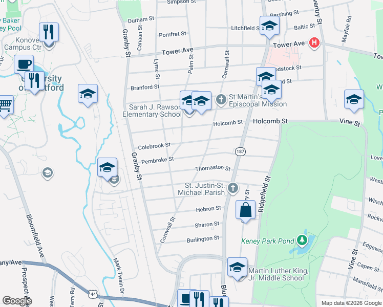 map of restaurants, bars, coffee shops, grocery stores, and more near 149 Colebrook Street in Hartford