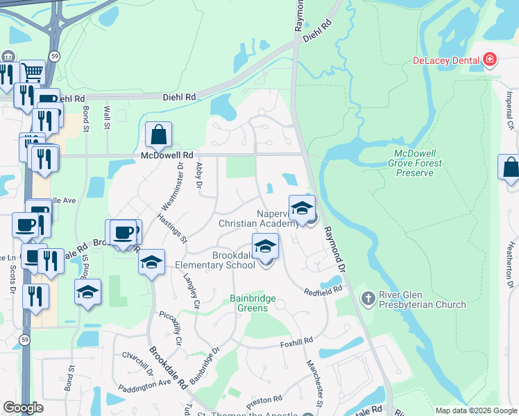 map of restaurants, bars, coffee shops, grocery stores, and more near 1551 Raymond Drive in Naperville