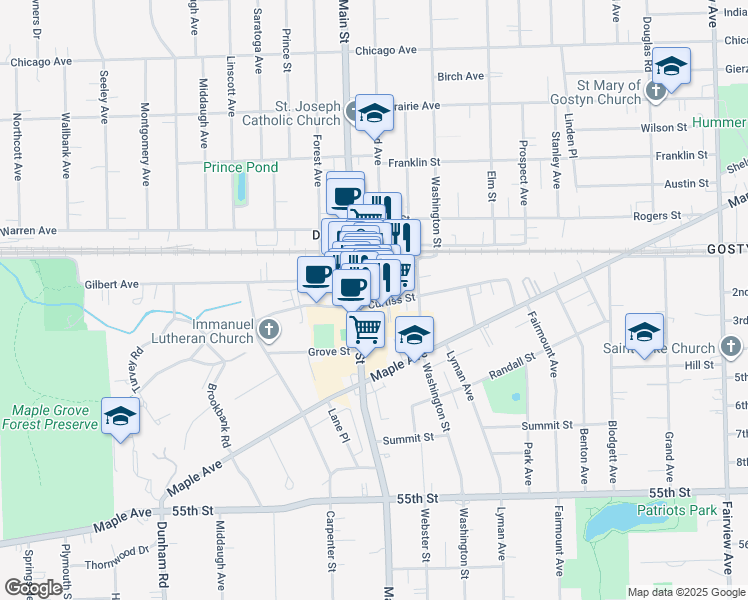 map of restaurants, bars, coffee shops, grocery stores, and more near 1010 Curtiss Street in Downers Grove