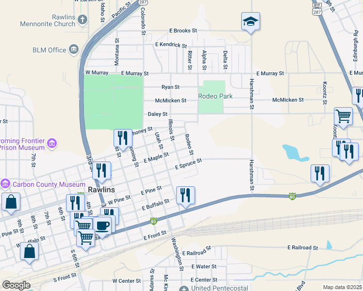 map of restaurants, bars, coffee shops, grocery stores, and more near 516 East Walnut Street in Rawlins