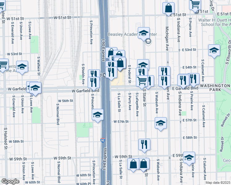 map of restaurants, bars, coffee shops, grocery stores, and more near 153 West Garfield Boulevard in Chicago