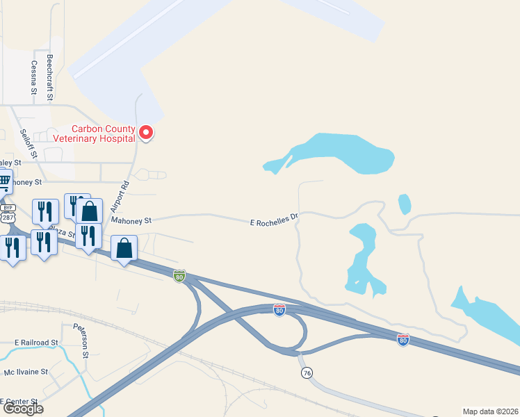 map of restaurants, bars, coffee shops, grocery stores, and more near Unnamed Road in Rawlins