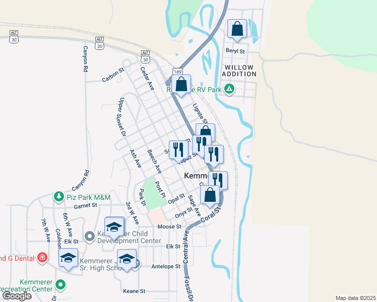 map of restaurants, bars, coffee shops, grocery stores, and more near 709 Cedar Avenue in Kemmerer