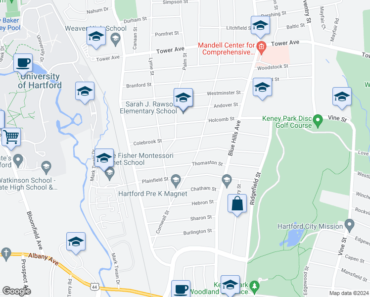 map of restaurants, bars, coffee shops, grocery stores, and more near 149 Colebrook Street in Hartford