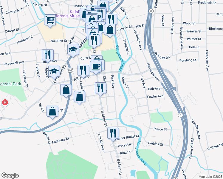map of restaurants, bars, coffee shops, grocery stores, and more near 59 Clarence Street in Torrington