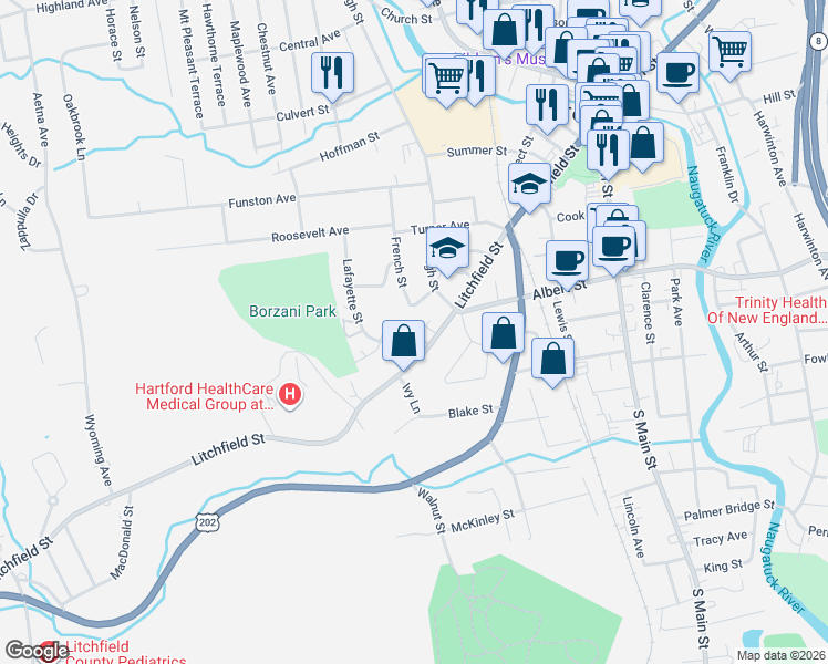 map of restaurants, bars, coffee shops, grocery stores, and more near 388 Litchfield Street in Torrington