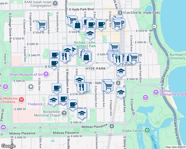 map of restaurants, bars, coffee shops, grocery stores, and more near 1363 East 55th Place in Chicago