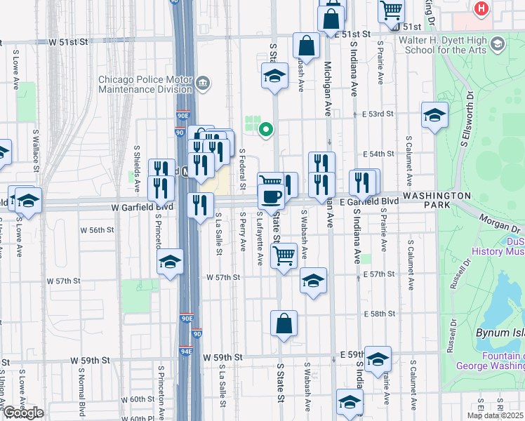 map of restaurants, bars, coffee shops, grocery stores, and more near 7303 South Dearborn Street in Chicago