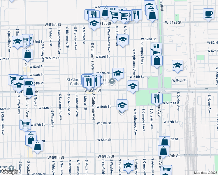 map of restaurants, bars, coffee shops, grocery stores, and more near 5434 South Washtenaw Avenue in Chicago