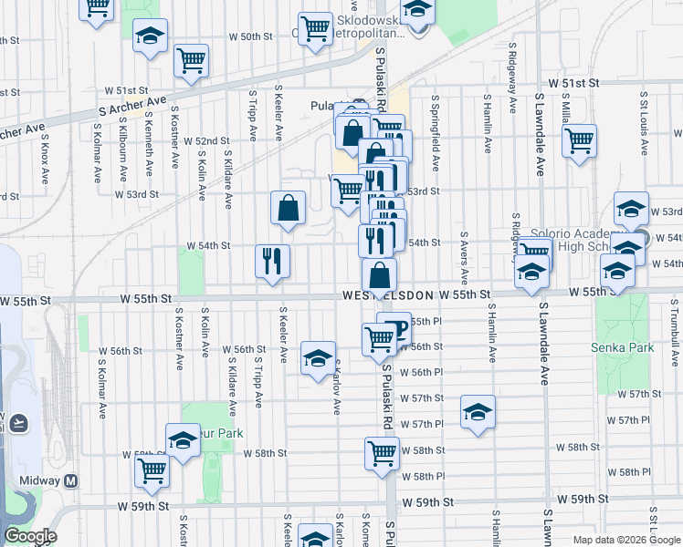 map of restaurants, bars, coffee shops, grocery stores, and more near 5414 South Karlov Avenue in Chicago