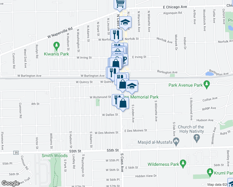 map of restaurants, bars, coffee shops, grocery stores, and more near 19 South Lincoln Street in Westmont