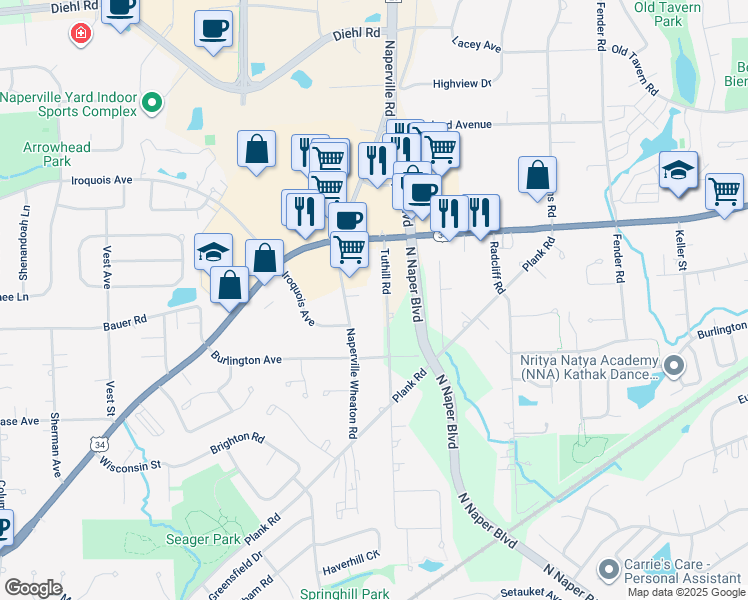 map of restaurants, bars, coffee shops, grocery stores, and more near 5S278 Tuthill Road in Naperville