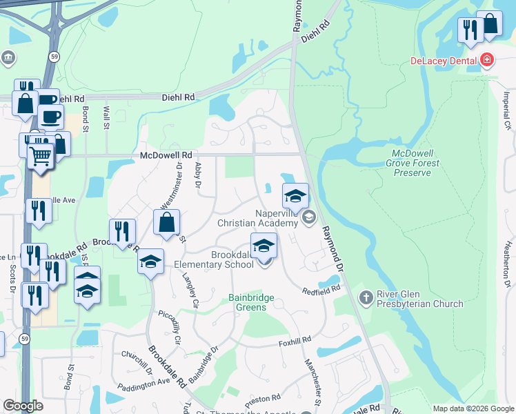 map of restaurants, bars, coffee shops, grocery stores, and more near 1551 Raymond Drive in Naperville