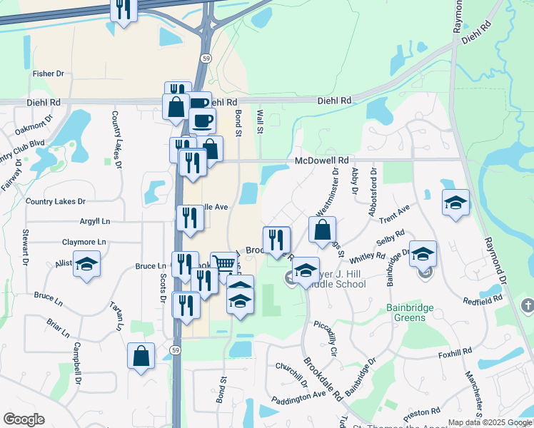 map of restaurants, bars, coffee shops, grocery stores, and more near Spice Run Dr in Naperville