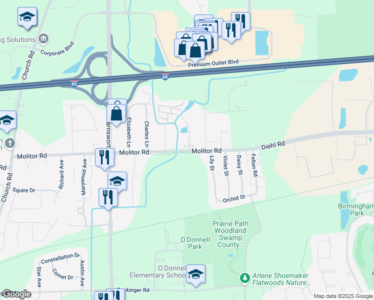 map of restaurants, bars, coffee shops, grocery stores, and more near 1875 Tall Oaks Drive in Aurora