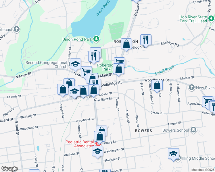 map of restaurants, bars, coffee shops, grocery stores, and more near 100 North Main Street in Manchester