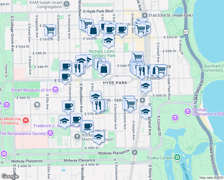 map of restaurants, bars, coffee shops, grocery stores, and more near 1363 East 55th Place in Chicago